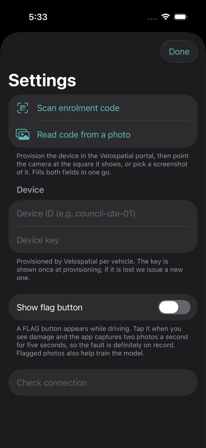 Enrolment screen of the capture app