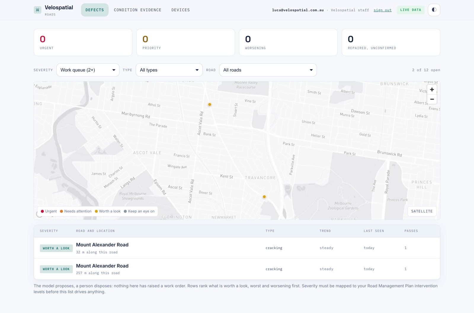 Defect register with map dots